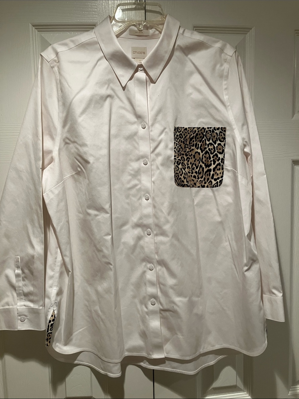 Chico's White Button-Down Shirt with Leopard Pocket Accent